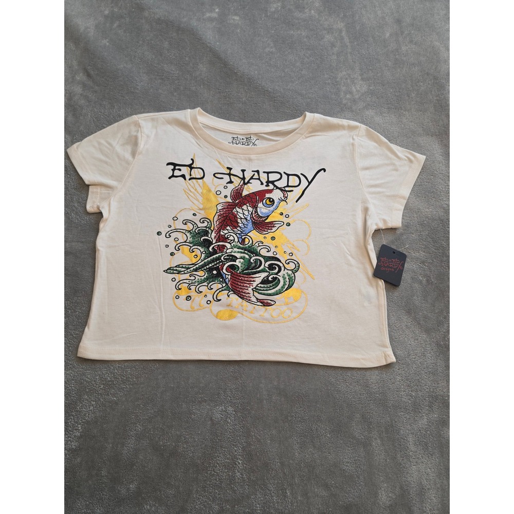 Ed Hardy Women XL Cream Koi Fish Tattoo Graphic Crop Top NWT Y2K Streetwear